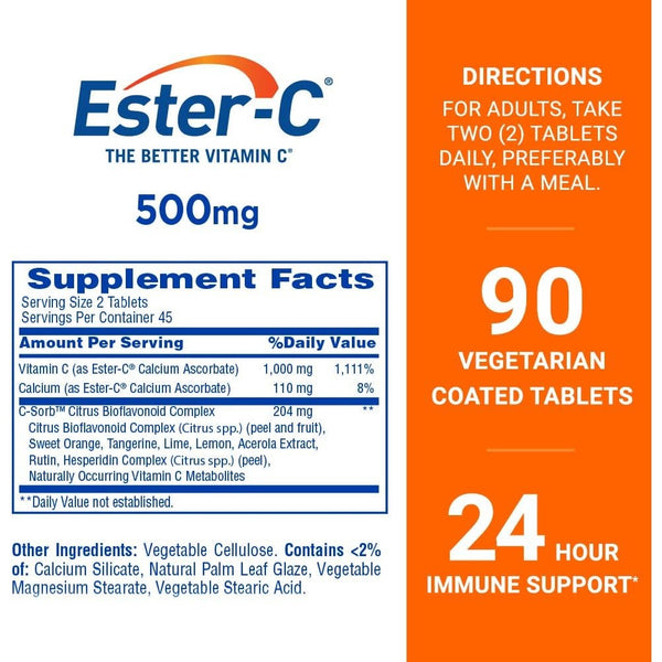 Ester-C 500 mg, 24 Hour Vitamin C Tablets for Immune Support, 90ct