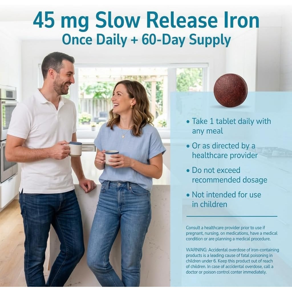 21st Century Slow Release Iron 45mg Tablets, Gentle on Stomach, 60 Count
