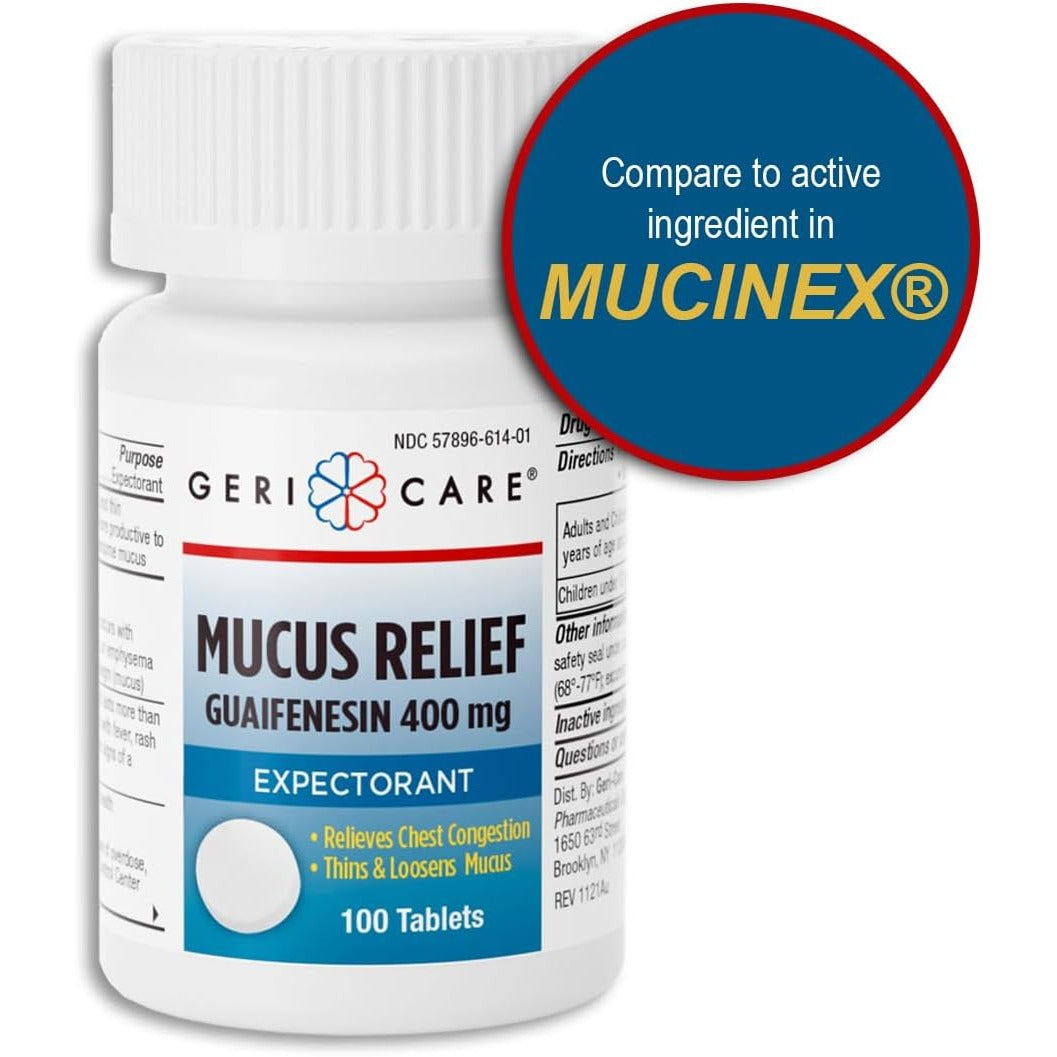 Mucus Relief Tablets by Geri-Care | Expectorant for Chest Congestion Relief | Guaifenesin 400mg | 100 Count Bottle