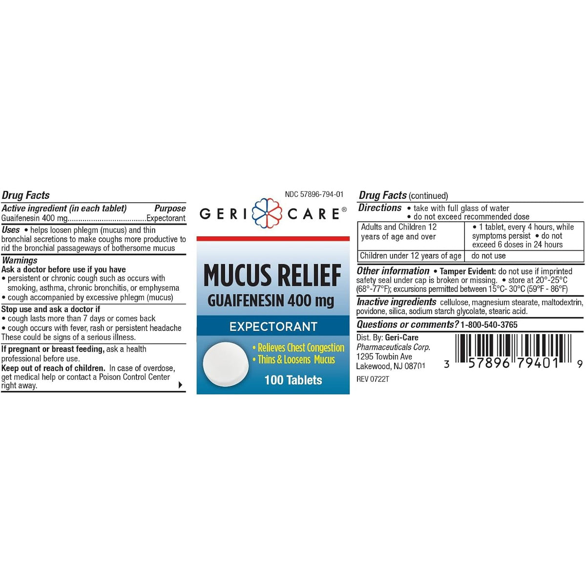 Mucus Relief Tablets by Geri-Care | Expectorant for Chest Congestion Relief | Guaifenesin 400mg | 100 Count Bottle