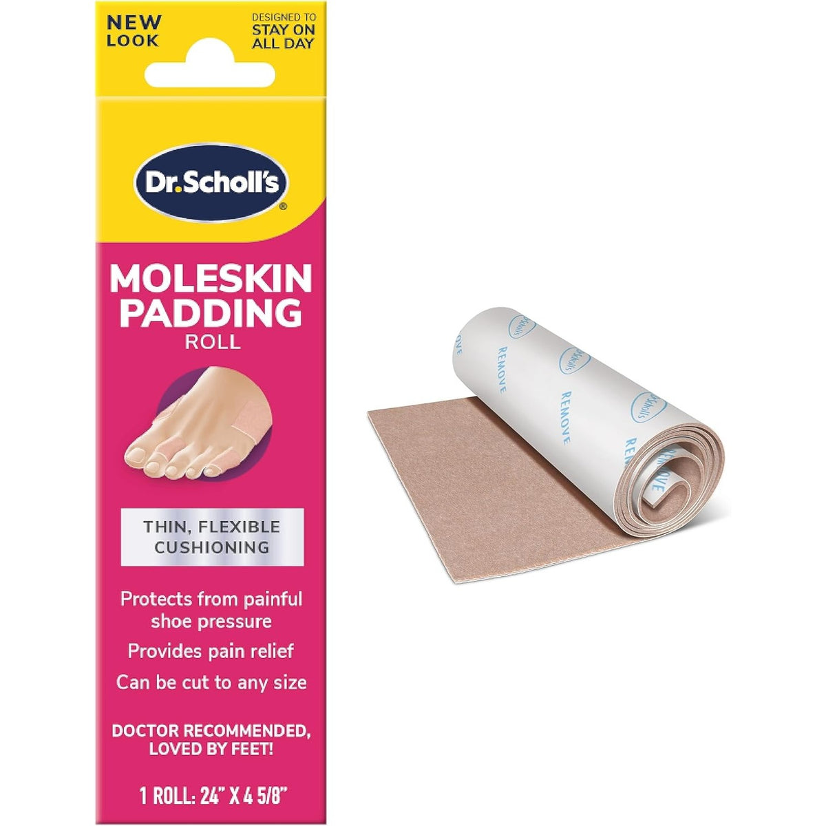 Dr. Scholl's Moleskin Padding Roll, Flexible Cushioning, 24" x 4 5/8"