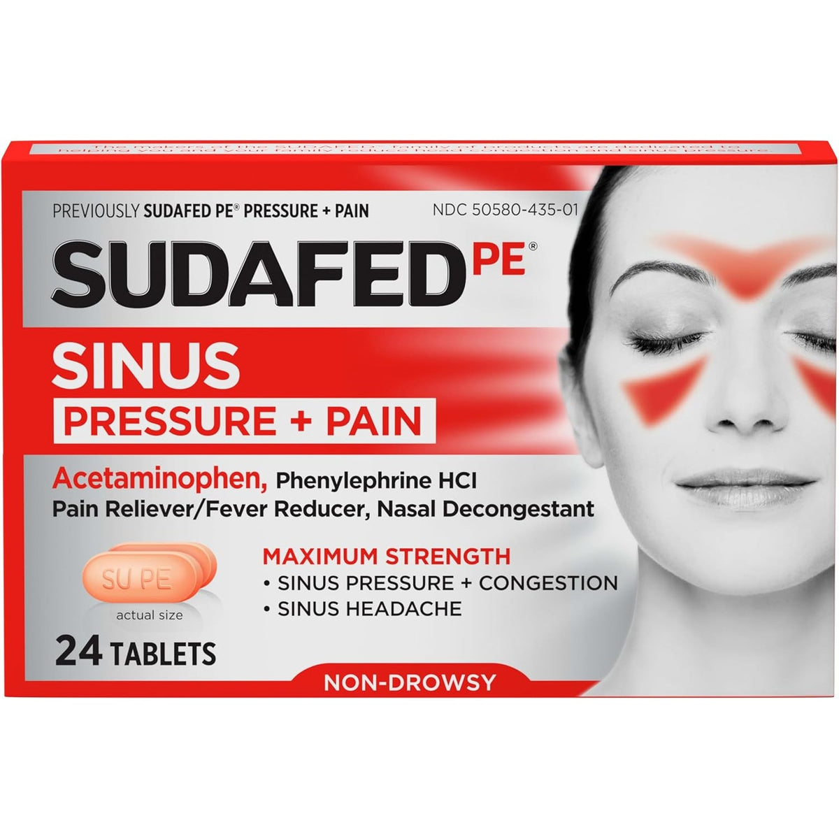 Sudafed PE Sinus Pressure + Pain Relief Tablets, Non-Drowsy, 24 Ct