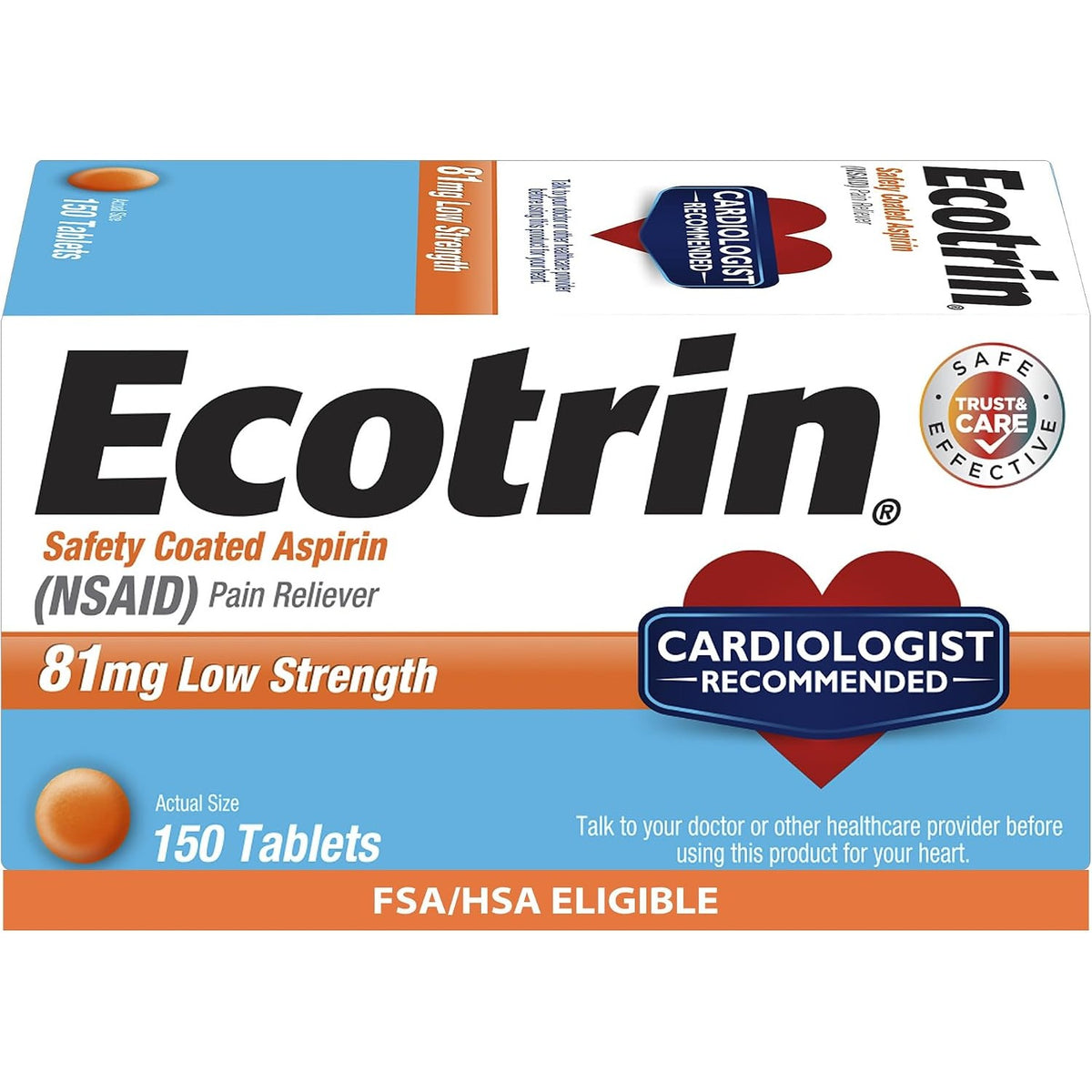 Ecotrin Low Dose Aspirin 81 mg (NSAID) Pain Reliever, 150 Count