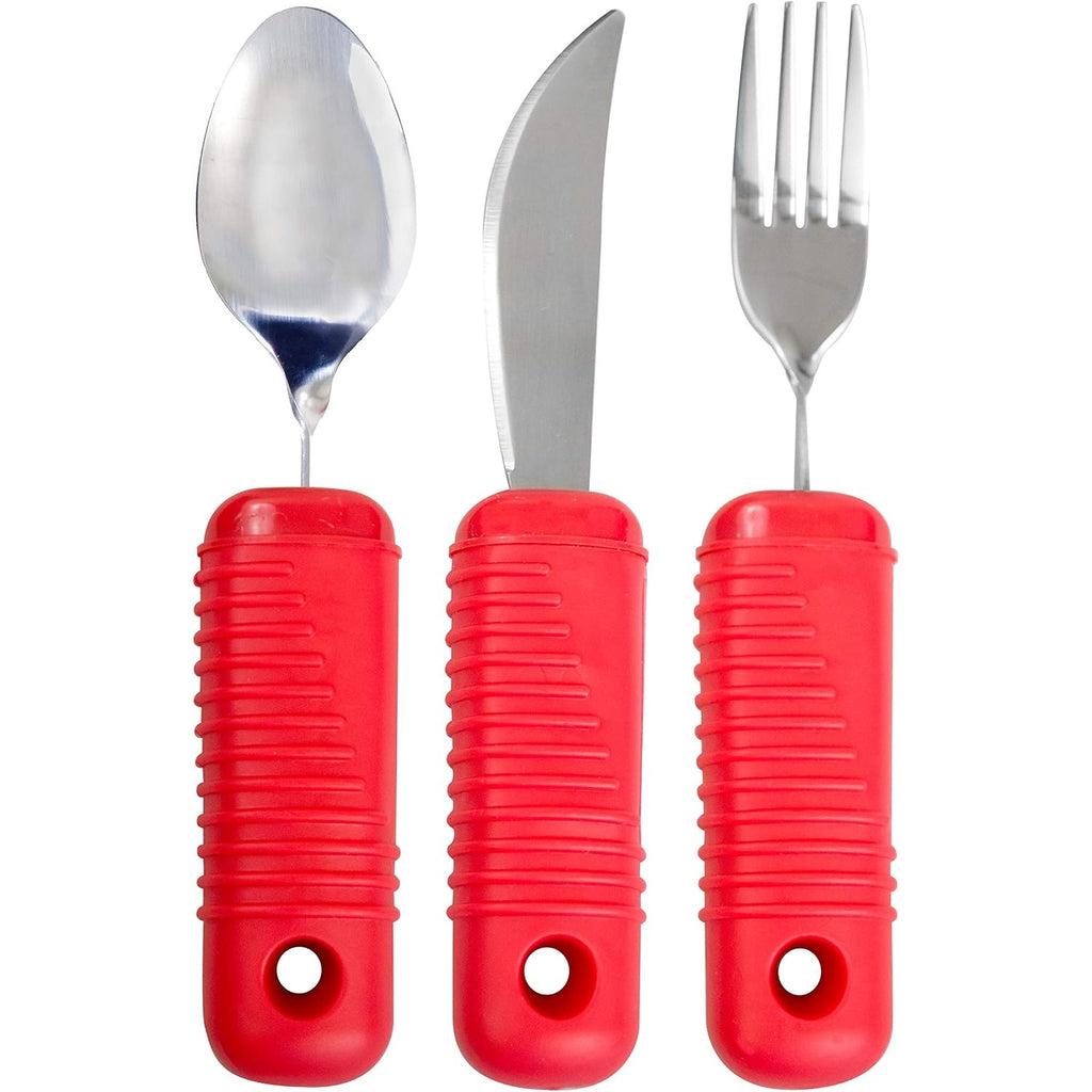 Essential Medical Supply Power of Red Adaptive Utensil Set - Bendable Fork, Spoon, and Rocker Knife with Large Soft Handles for Arthritis, Orthopedic
