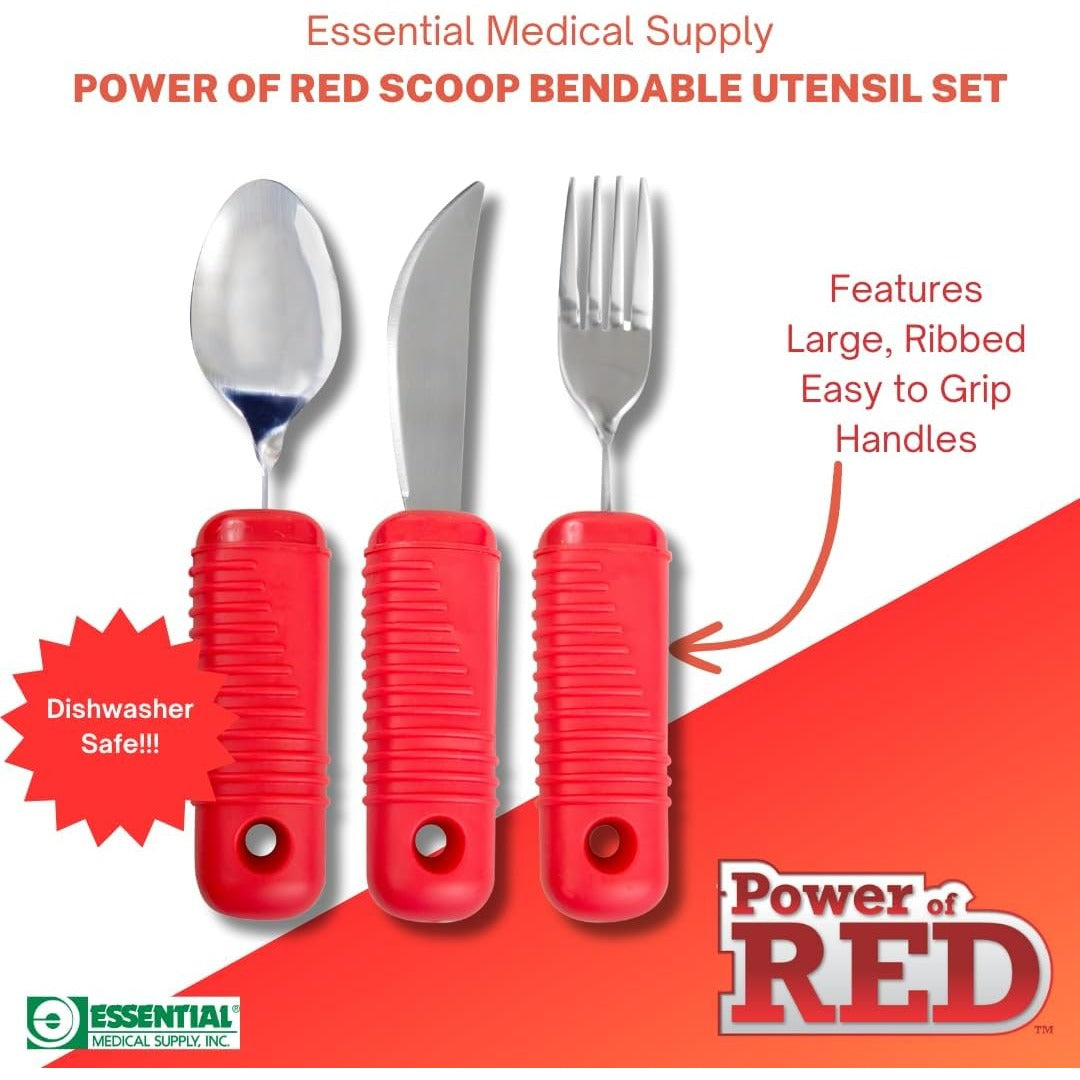 Essential Medical Supply Power of Red Adaptive Utensil Set - Bendable Fork, Spoon, and Rocker Knife with Large Soft Handles for Arthritis, Orthopedic