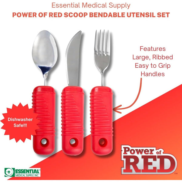Essential Medical Supply Power of Red Adaptive Utensil Set - Bendable Fork, Spoon, and Rocker Knife with Large Soft Handles for Arthritis, Orthopedic