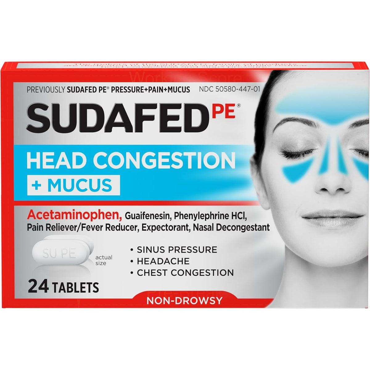 Sudafed PE Head Congestion + Mucus Relief Tablets, Non-Drowsy, 24 Ct