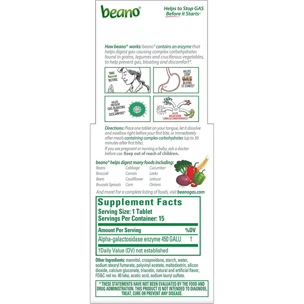 Beano Meltaways Digestive Enzyme, Helps Prevent Gas & Bloating, 15 Tablets