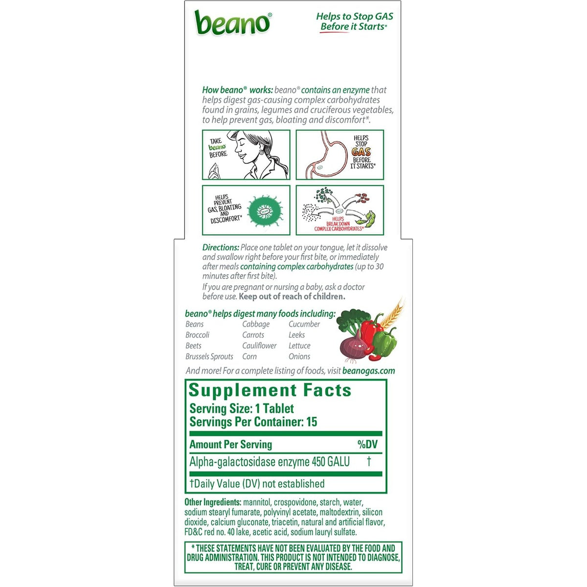 Beano Meltaways Digestive Enzyme, Helps Prevent Gas & Bloating, 15 Tablets