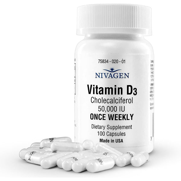 Nivagen Vitamin D3 50,000 IU (1250 mcg) | Once Weekly Dose | 100 Capsules (100 Weeks, Approx. 2 Years Supply) | Easy to Swallow | Bone, Muscle