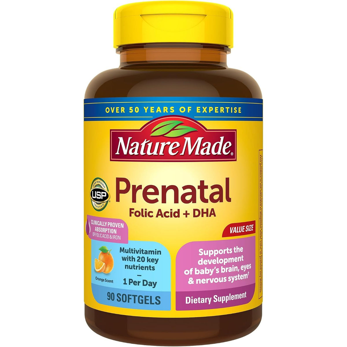 Nature Made Prenatal Vitamins for Women with Folic Acid + DHA, 90 Softgels