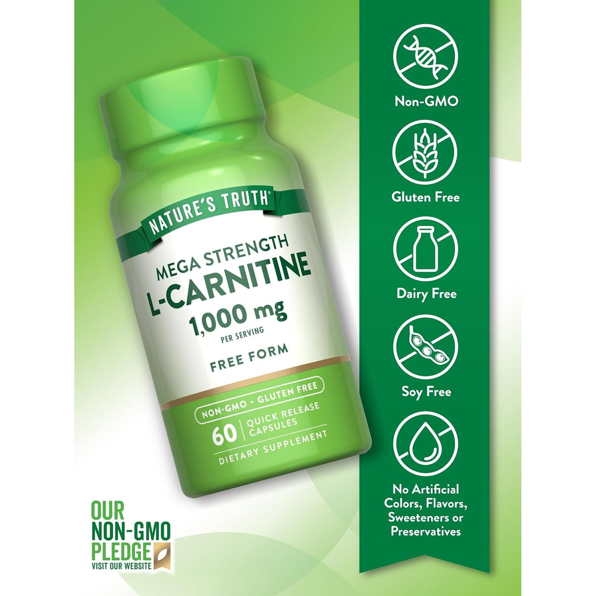 Nature's Truth L-Carnitine 1000mg | 60 Capsules | Mega Strength | Free Form
