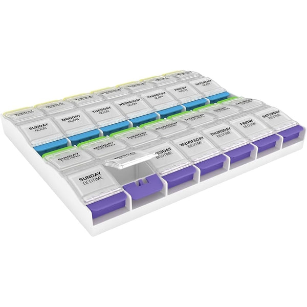 Ezy Dose Push Button Weekly 7-Day, 4x/Day Pill Organizer, Multi-Color, 3XL