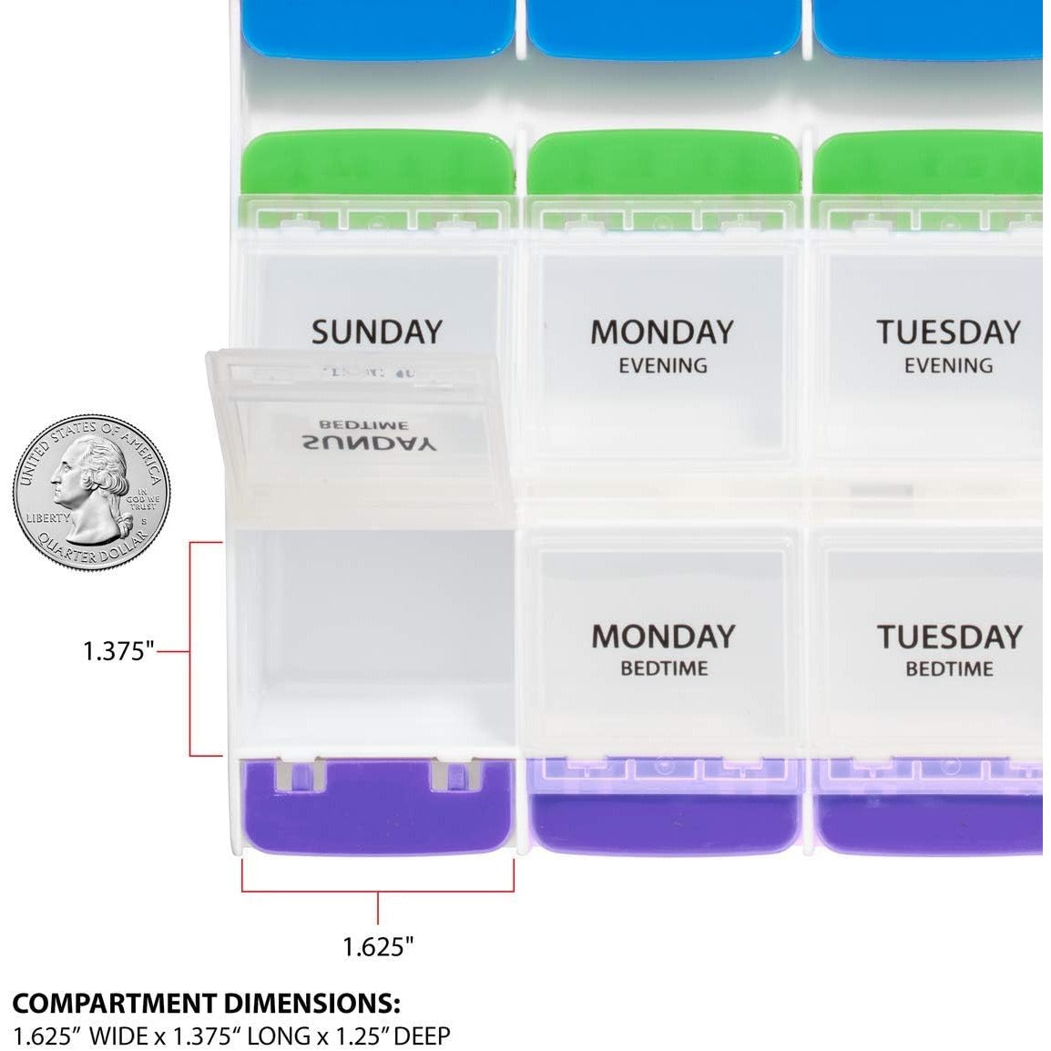 Ezy Dose Push Button Weekly 7-Day, 4x/Day Pill Organizer, Multi-Color, 3XL