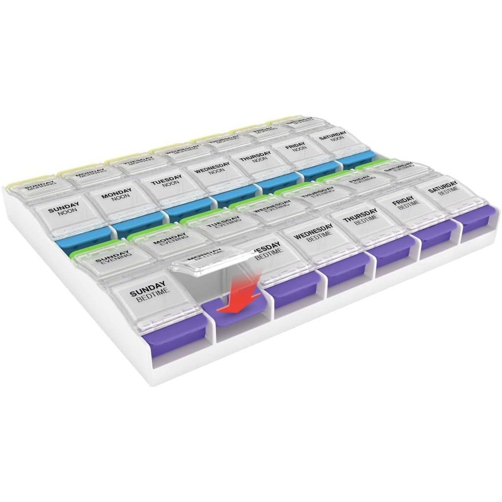 Ezy Dose Push Button Weekly 7-Day, 4x/Day Pill Organizer, Multi-Color, 3XL
