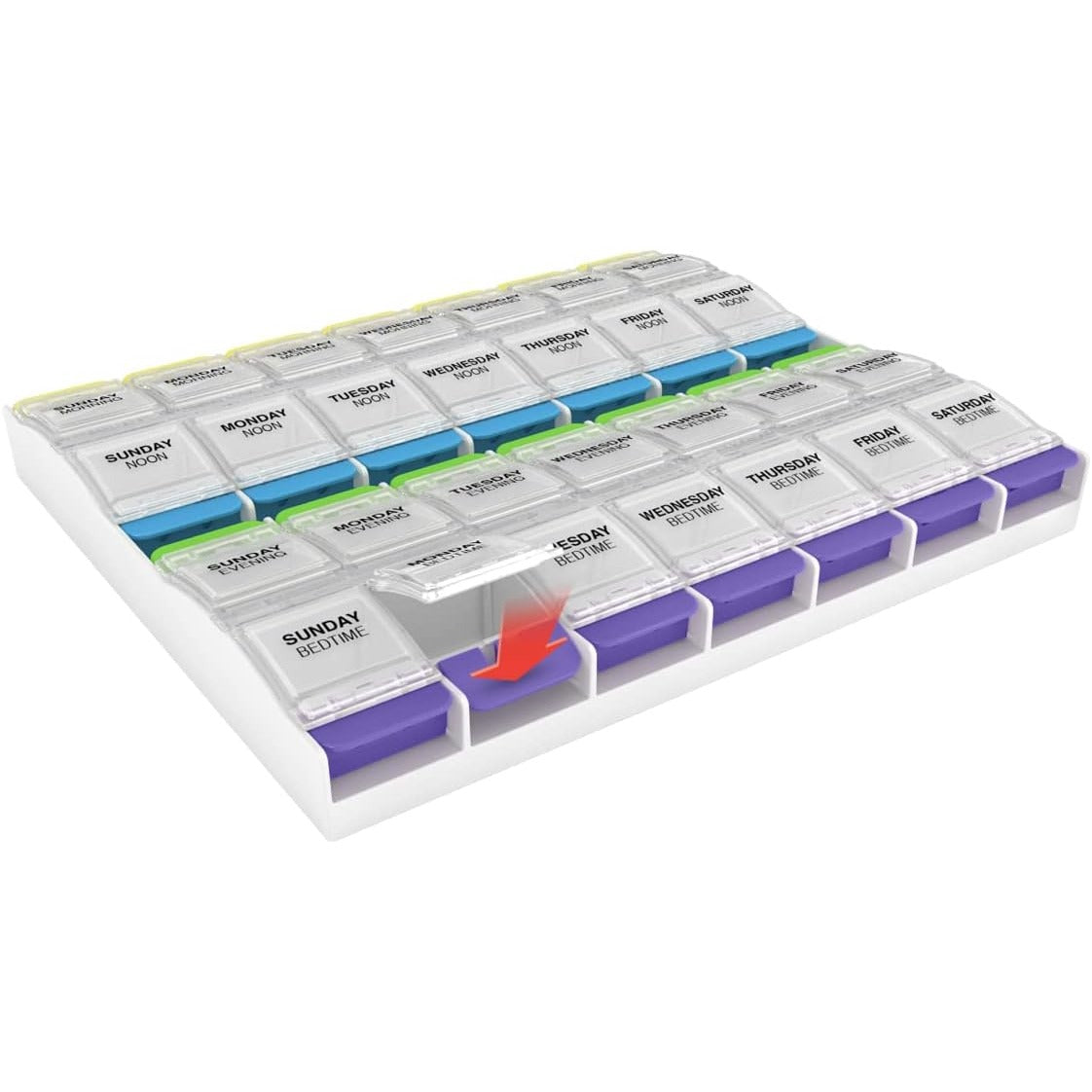 Ezy Dose Push Button Weekly 7-Day, 4x/Day Pill Organizer, Multi-Color, 3XL