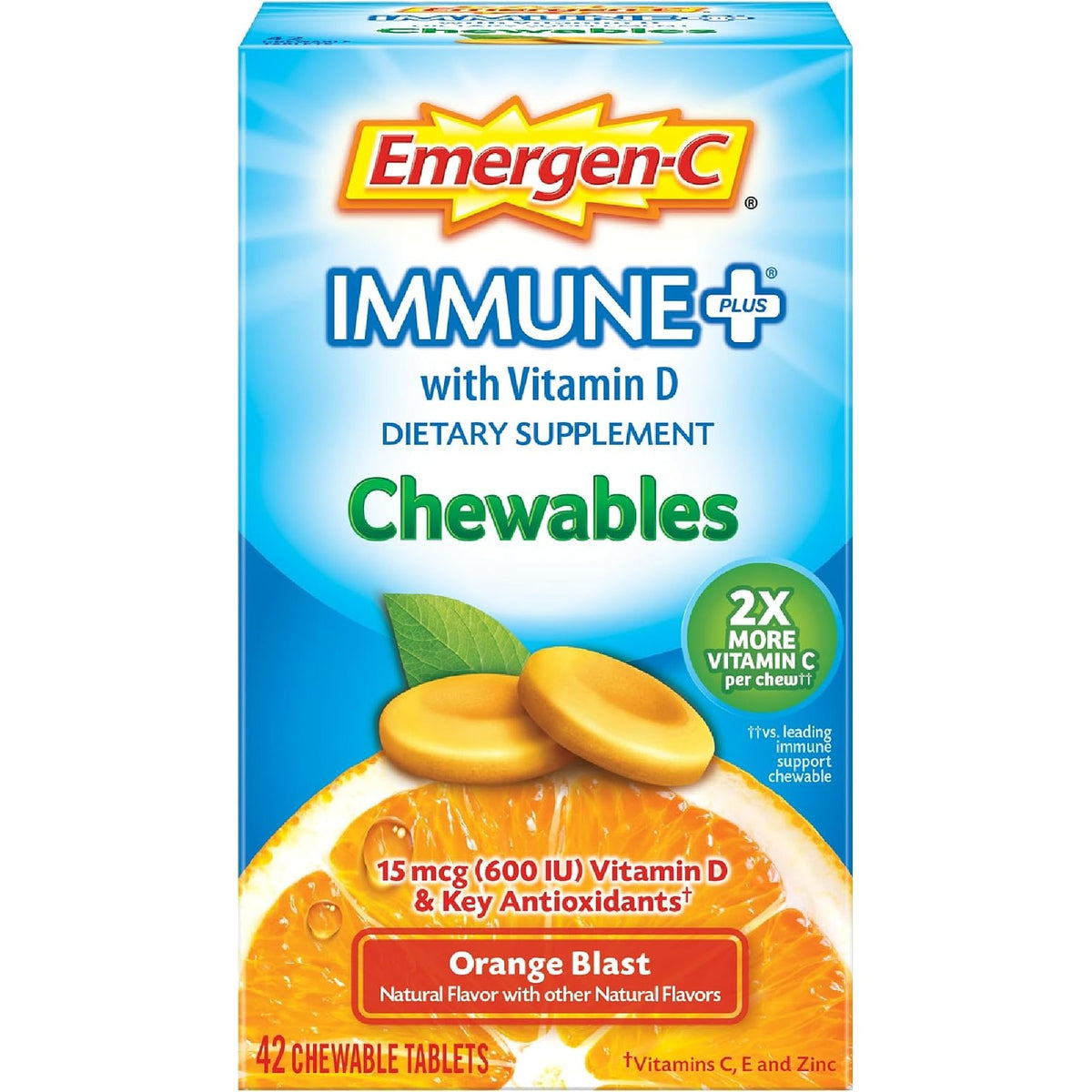 Emergen-C Vitamin C 1000mg Immune+ Chewables, Orange, 42 Tablets