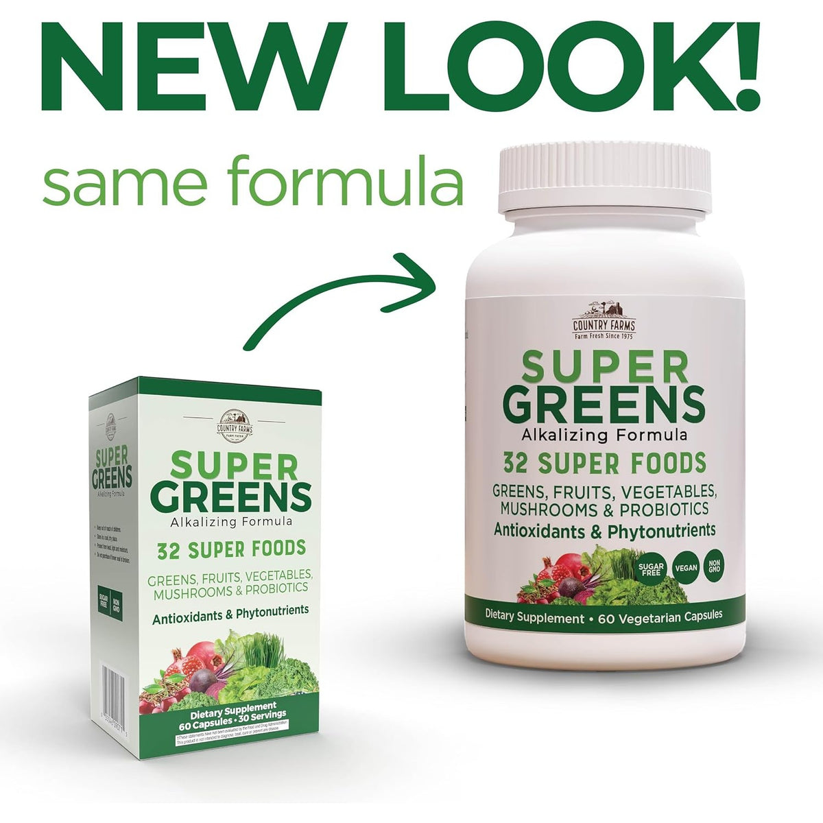 Country Farms Super Greens Vegicaps, 32 Super Foods, Whole Food Supplement, Greens, Fruit, Vegetables, Mushrooms & Probiotics, Rich in Antioxidants