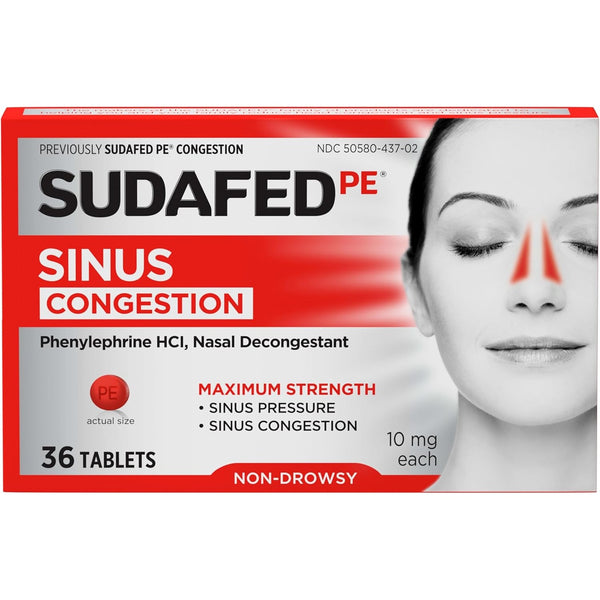 Sudafed PE Sinus Congestion Relief Tablets, 10 mg Phenylephrine HCI, 36 Ct
