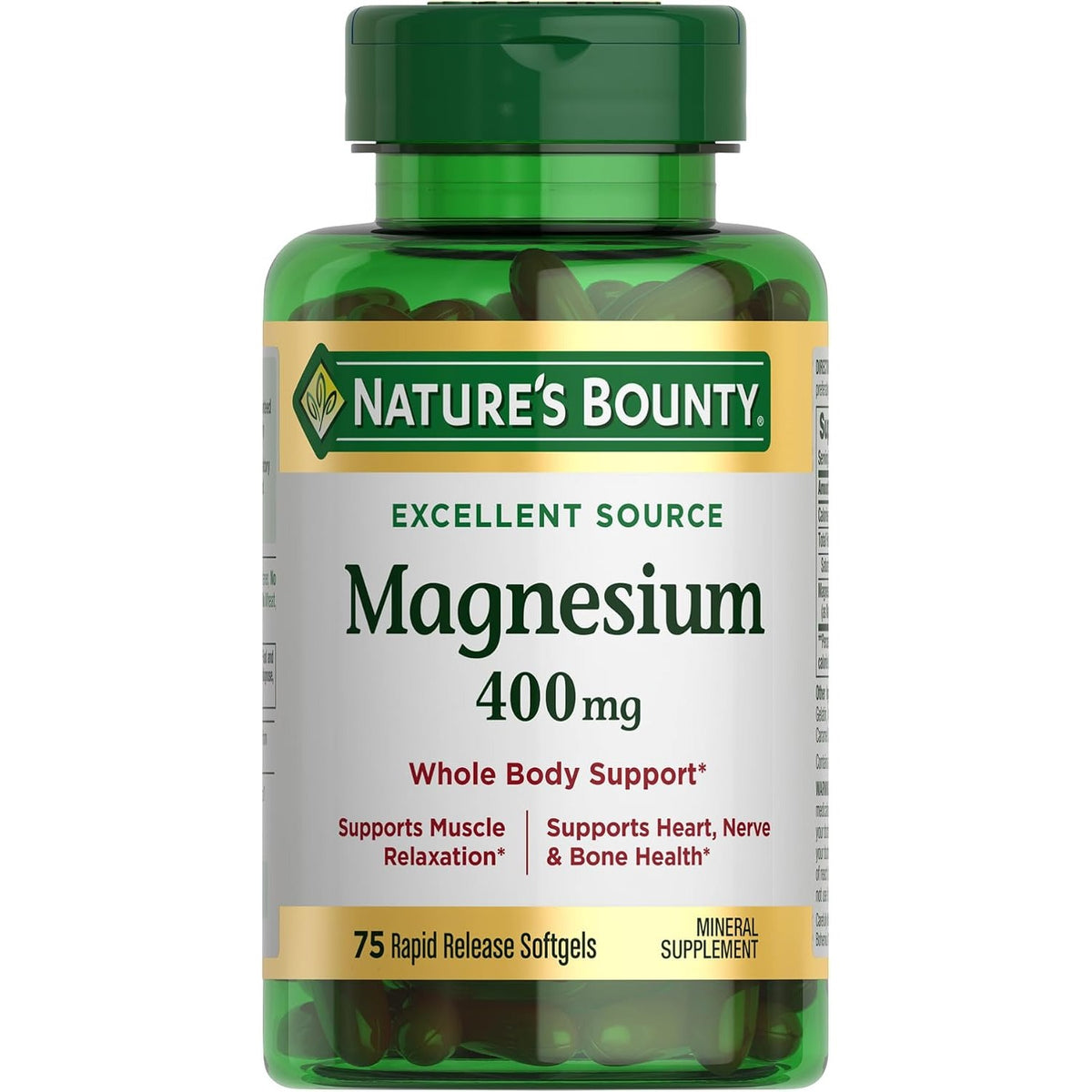 Nature's Bounty Magnesium 400mg Softgel, Whole Body Support, 75 Count