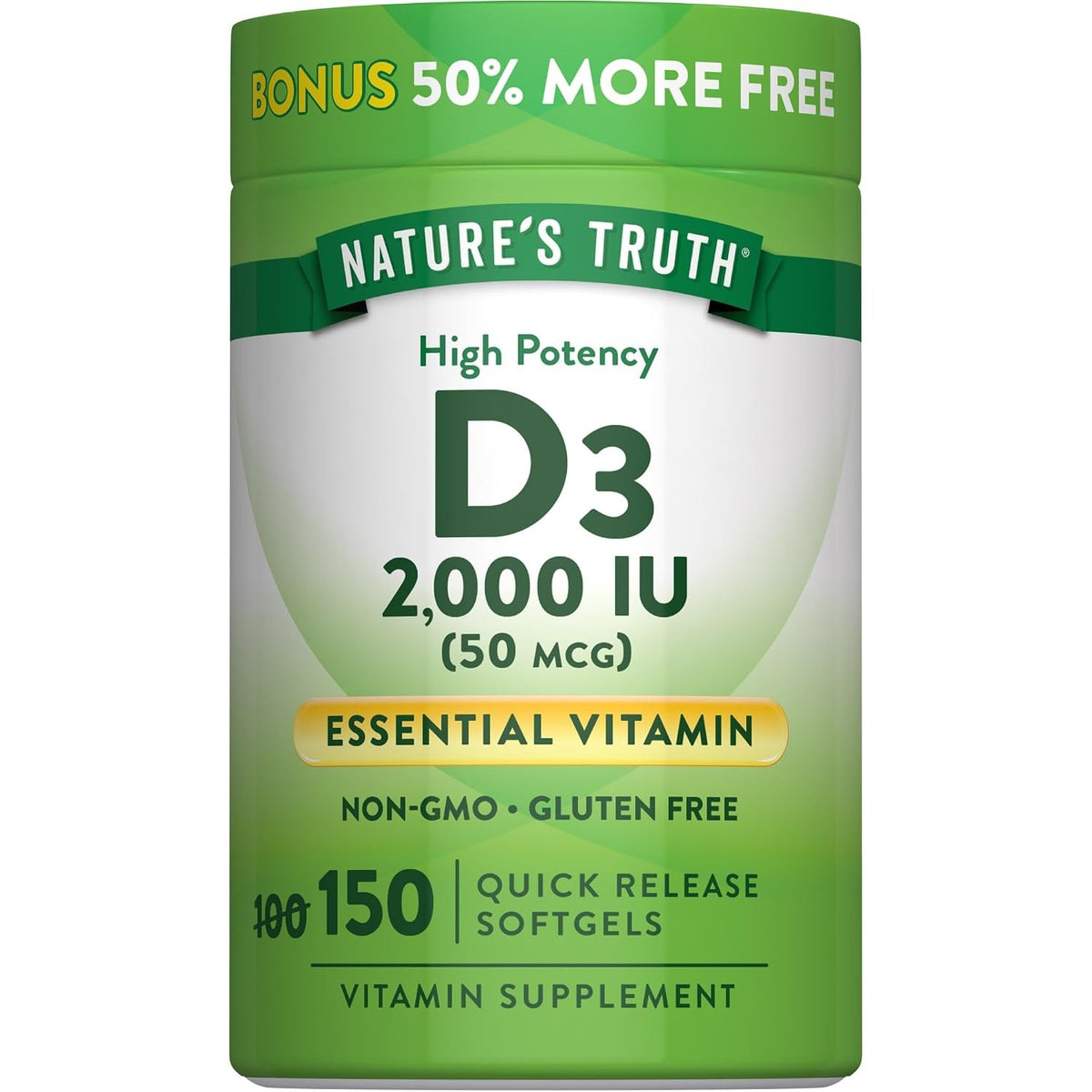 Nature's Truth Vitamin D3 2000 IU Softgels for Adults | 150 Count