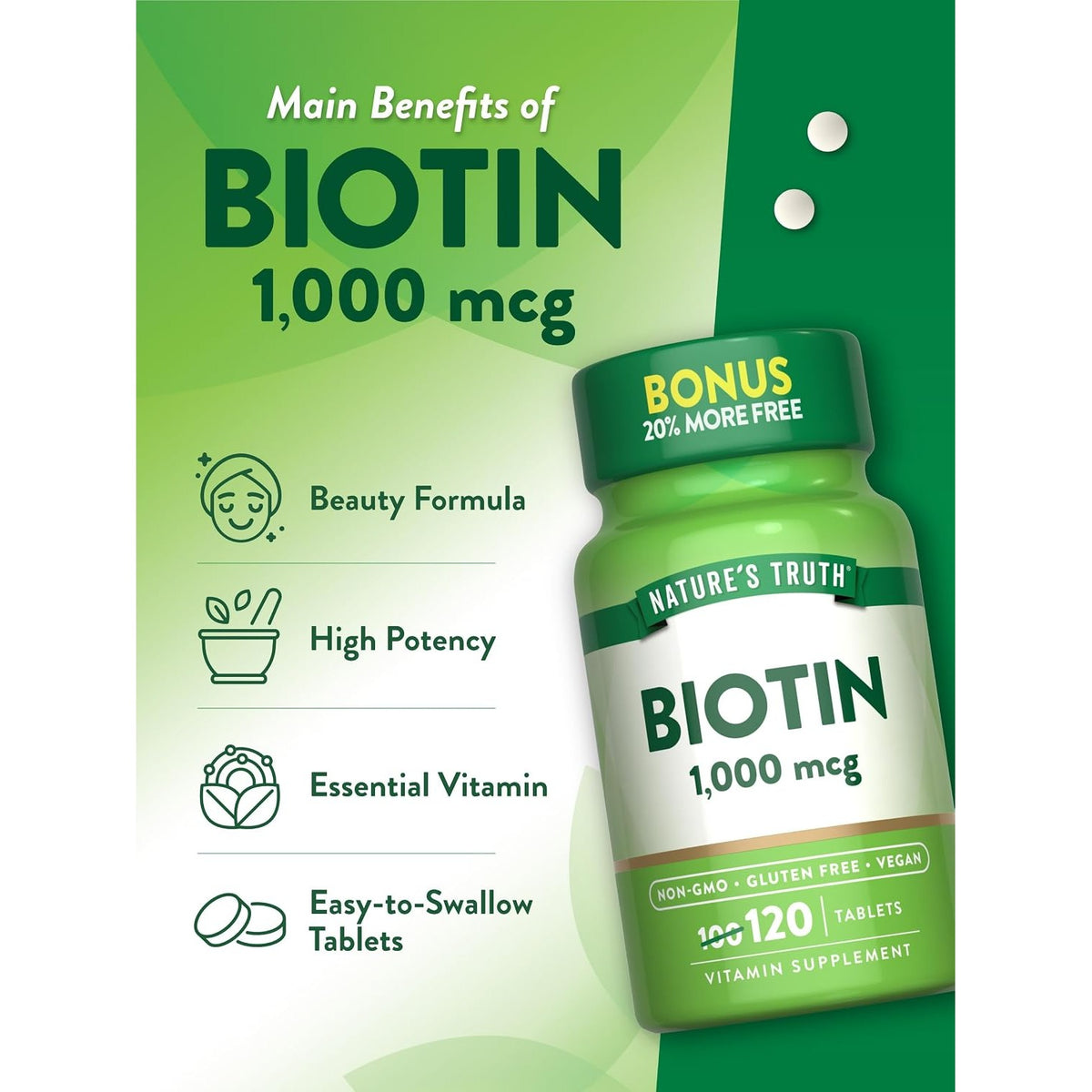 Nature's Truth Biotin | 1000mcg | 120 Tablets | for Women & Men