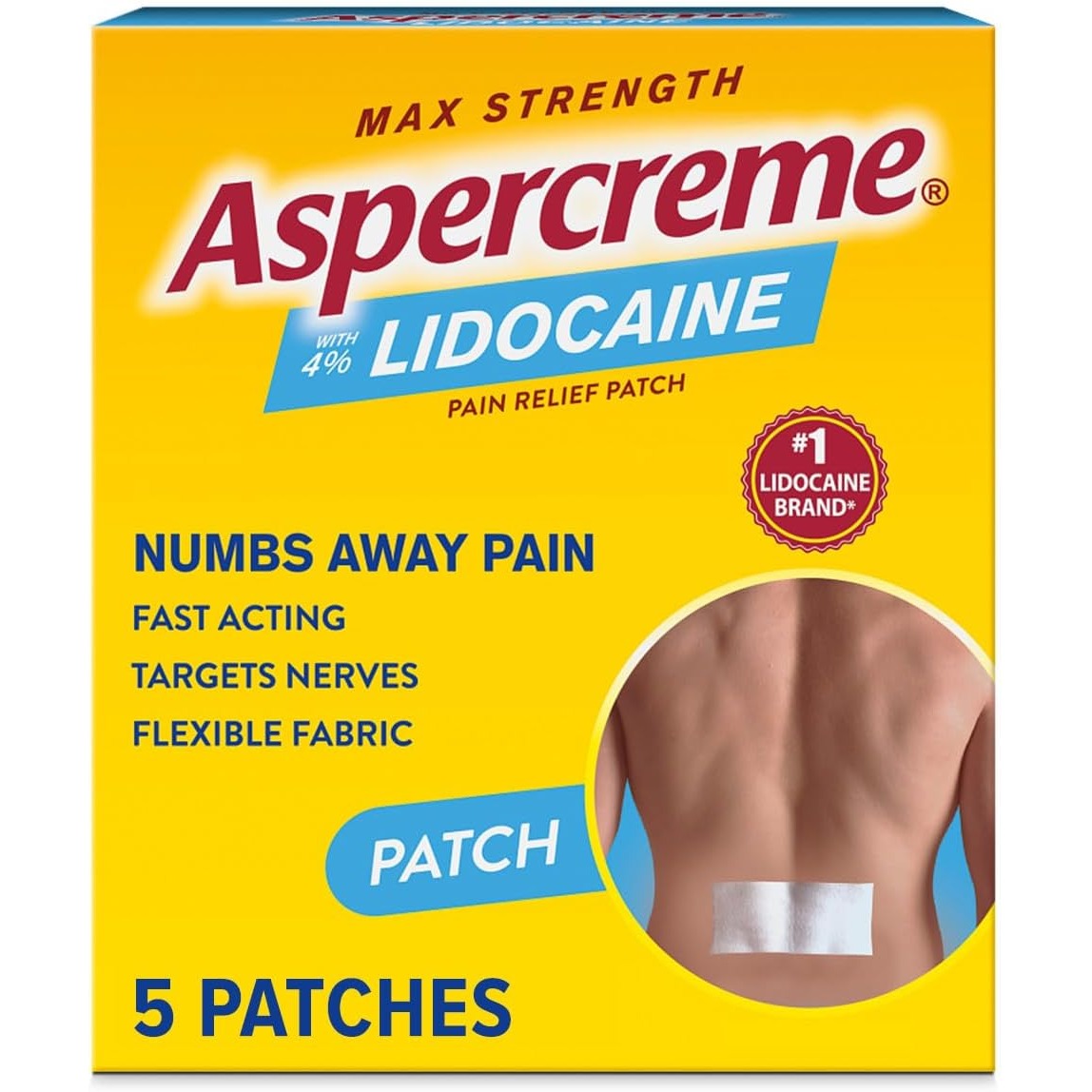 Aspercreme Max Strength Lidocaine Pain Relief Patch (5 Count) for Back Pain, Odor Free Pain Patches