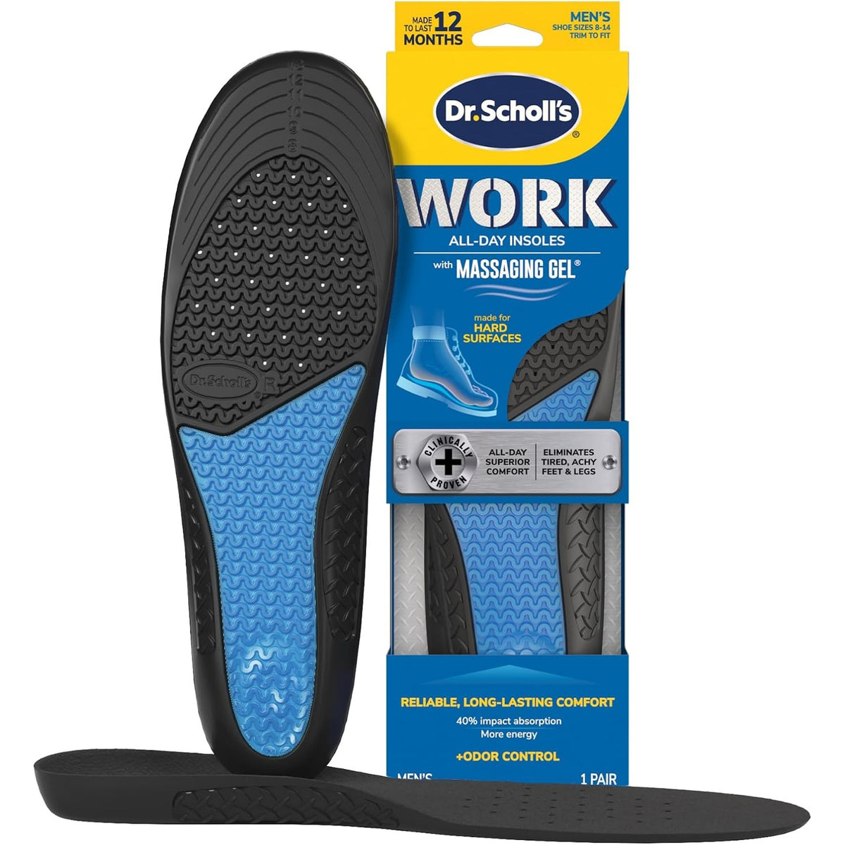 Dr. Scholl's Work All-Day Superior Comfort Insoles (with) Massaging Gel, Men, 1 Pair, Trim to Fit