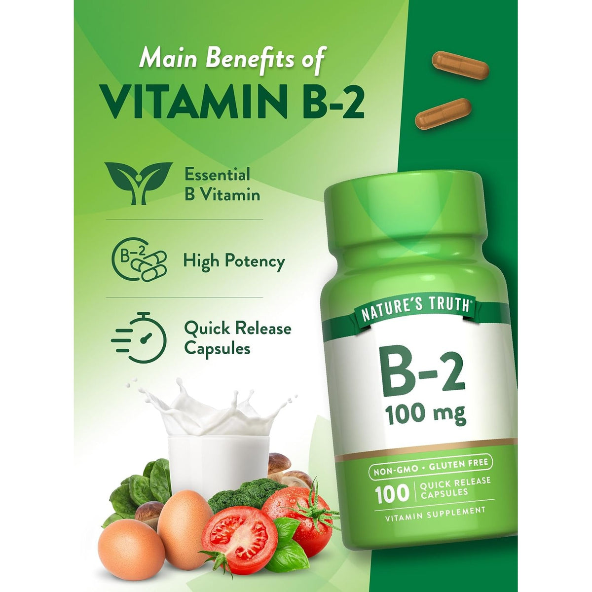 B2 Vitamin | 100mg | 100 Tablets | Vegetarian, Non-GMO & Gluten Free Supplement | Riboflavin | by Nature's Truth