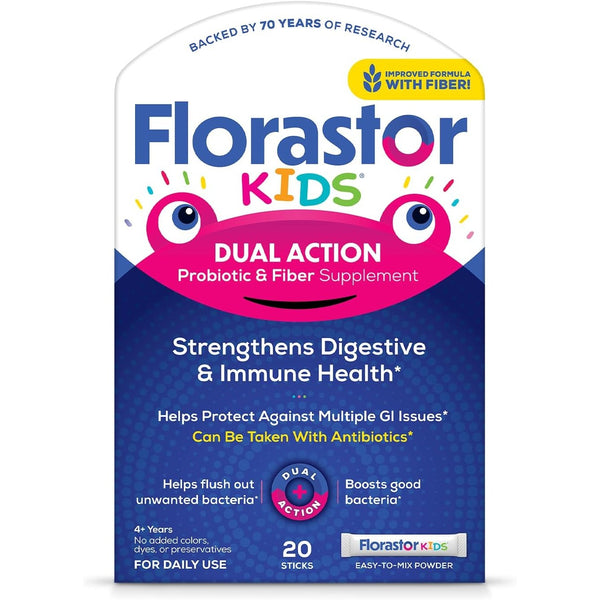 Florastor Kids Dual Action Probiotic Powder, 20 Easy-to-Mix Powder Sticks