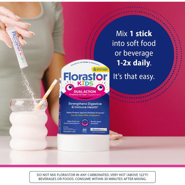 Florastor Kids Dual Action Probiotic Powder, 20 Easy-to-Mix Powder Sticks