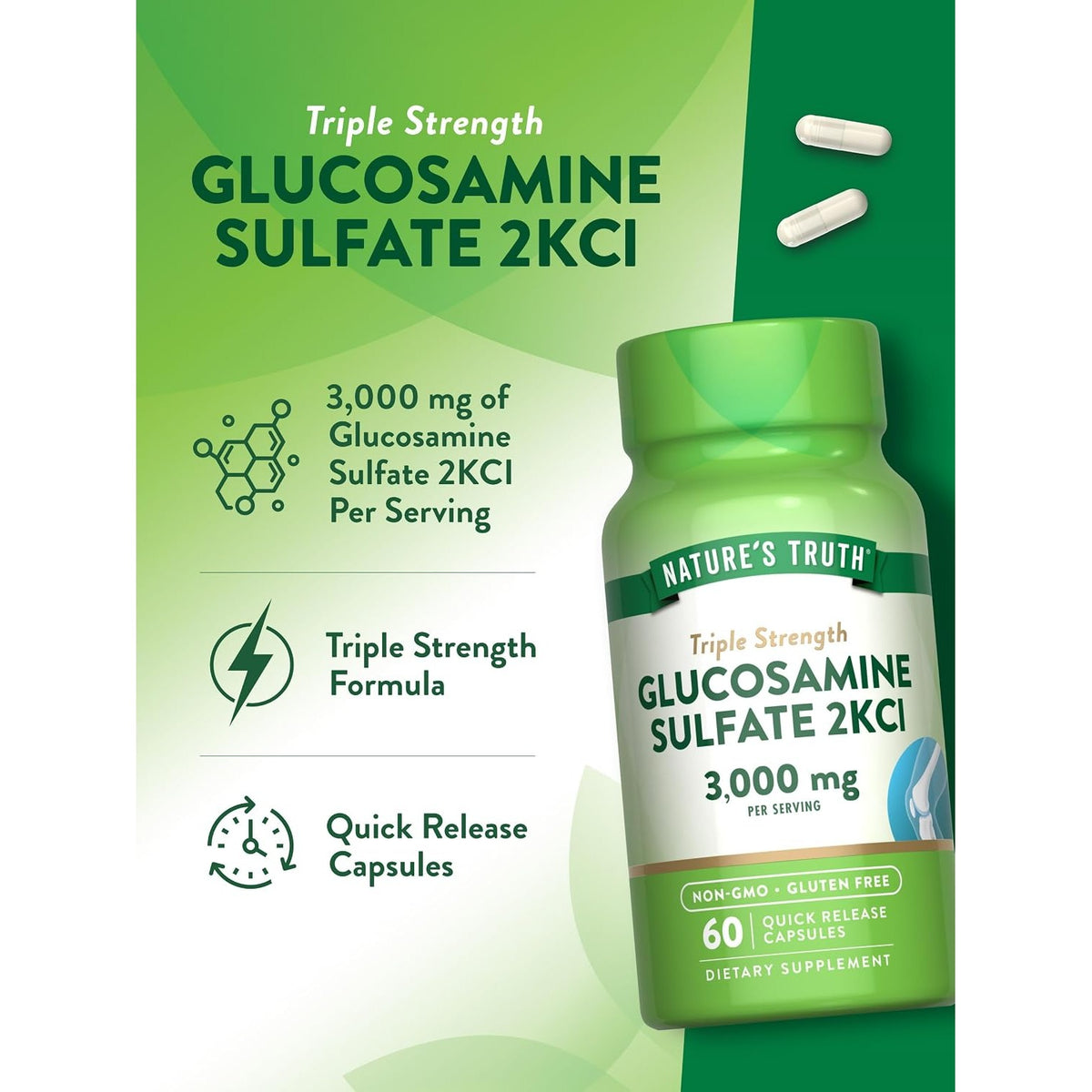 Nature's Truth Glucosamine Sulfate 3000mg | 60 Capsules | Triple Strength Supplement for Joint Health | Non-GMO, Gluten Free