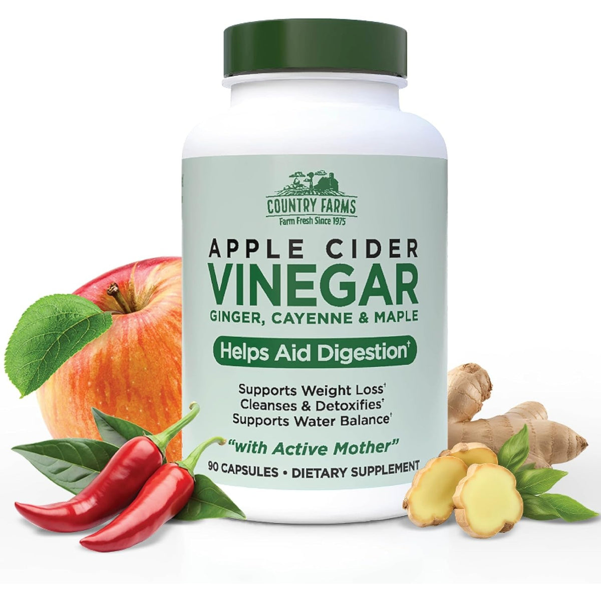Country Farms Apple Cider Vinegar Capsules, with Ginger, Cayenne and Maple, Helps Aid Digestion, Supports Healthy Weight Loss, Cleanses