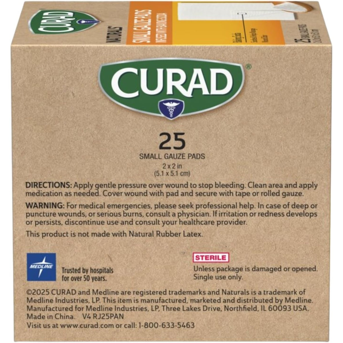 CURAD® Naturals™ Small Gauze Pads with Baking Soda, 2 in x 2 in, 25 Count