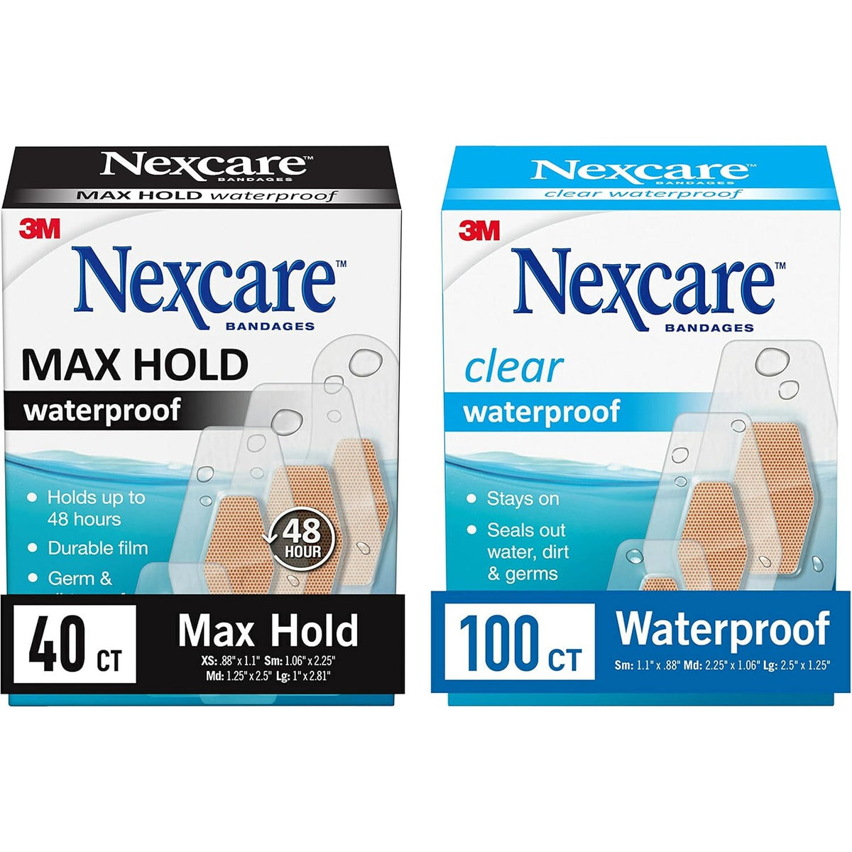 Multi-Pack Nexcare Waterproof Clear Bandages, and Max Hold Waterproof Bandages, Covers and Protects, 360-degree seal around the pad offers exceptional