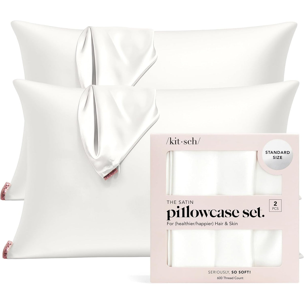Kitsch Satin Pillowcase with Zipper Standard Size Ivory 2-Pack
