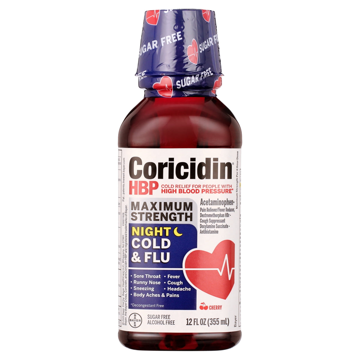 Coricidin HBP Cold & Flu Medicine, Sugar Free Night Liquid, Cherry, 12 fl oz