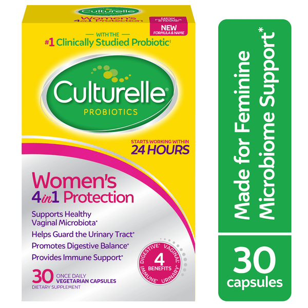 Culturelle Probiotics Women's 4-in-1 Protection Daily Supplement, Made with Prebiotics to Support Vaginal, Digestive, Urinary & Immune Health