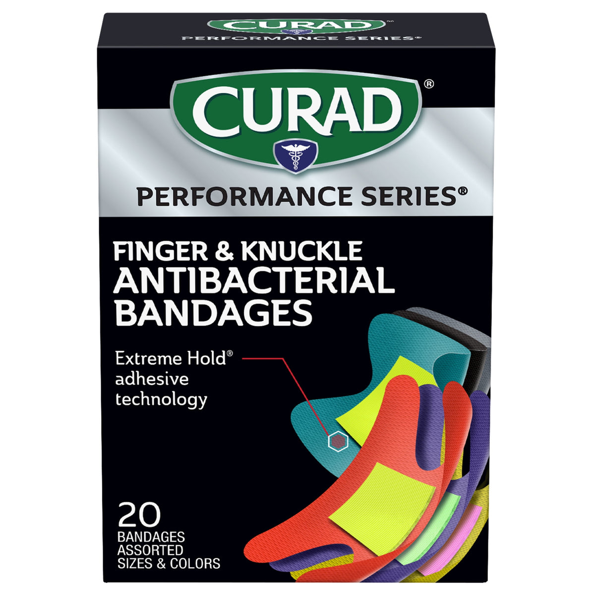 CURAD Performance Series Antibacterial Finger & Knuckle Bandages, Assorted, 20 Count