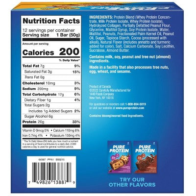 Pure Protein Chocolate Peanut Butter Whey Protein Isolate Bar - 20g Protein - 12ct