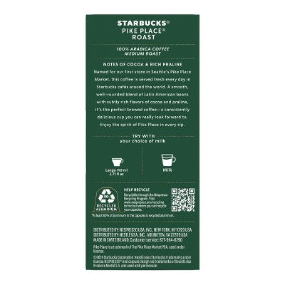 Starbucks by Nespresso Original Line Pods Medium Roast Coffee Pike Place Roast - 10ct: Arabica Beans, Chocolate Nut Flavor
