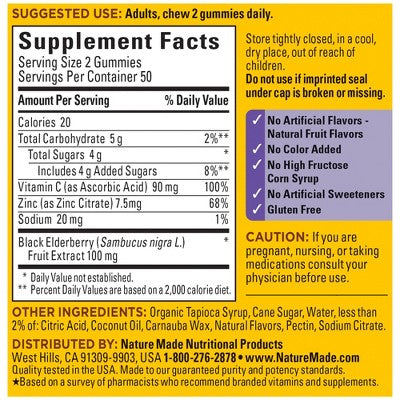 Nature Made Elderberry with Vitamin C and Zinc for Immune Support Gummies - Raspberry - 100ct