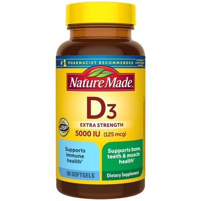 Nature Made Extra Strength Vitamin D3 5000 IU (125 mcg), Bone Health and Immune Support Softgels, USP Verified - 90ct