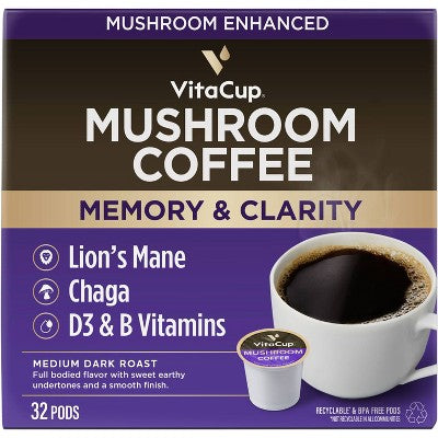 VitaCup Focus Mushroom Coffee Pods for Memory & Clarity Medium Roast Coffee - 32ct