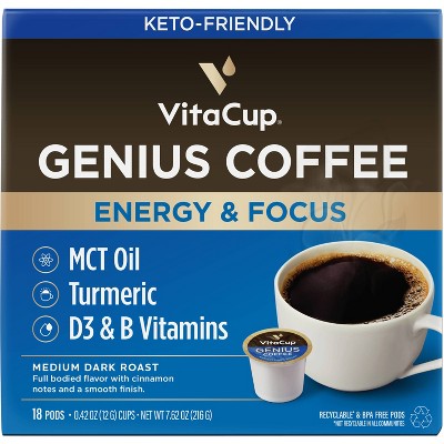 VitaCup Genius Energy & Focus Medium Roast Coffee - Single Serve Pods - 18ct: Vegan, Sugar-Free, Cinnamon