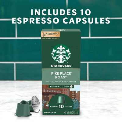 Starbucks by Nespresso Original Line Pods Medium Roast Coffee Pike Place Roast - 10ct: Arabica Beans, Chocolate Nut Flavor