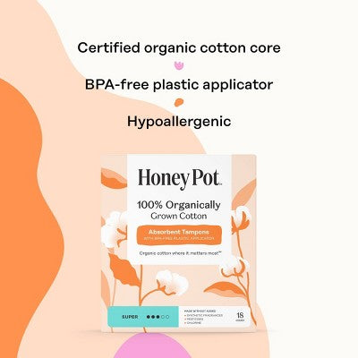Honey Pot 100% Organically Grown Cotton Tampons - Super absorbency - 18 ct