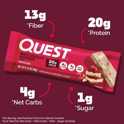 Quest Nutrition White Chocolate Raspberry Whey Protein Bars -  20g Protein - 4ct