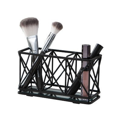 Three Compartment Cosmetic Brush and Pencil Organizer Matte Black - Home Details: Steel Vanity Storage, Spot Clean