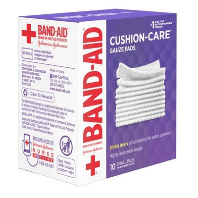 Johnson & Johnson Brand Cushion Care Gauze Pads, Small, 2 in x 2 in - 10 ct